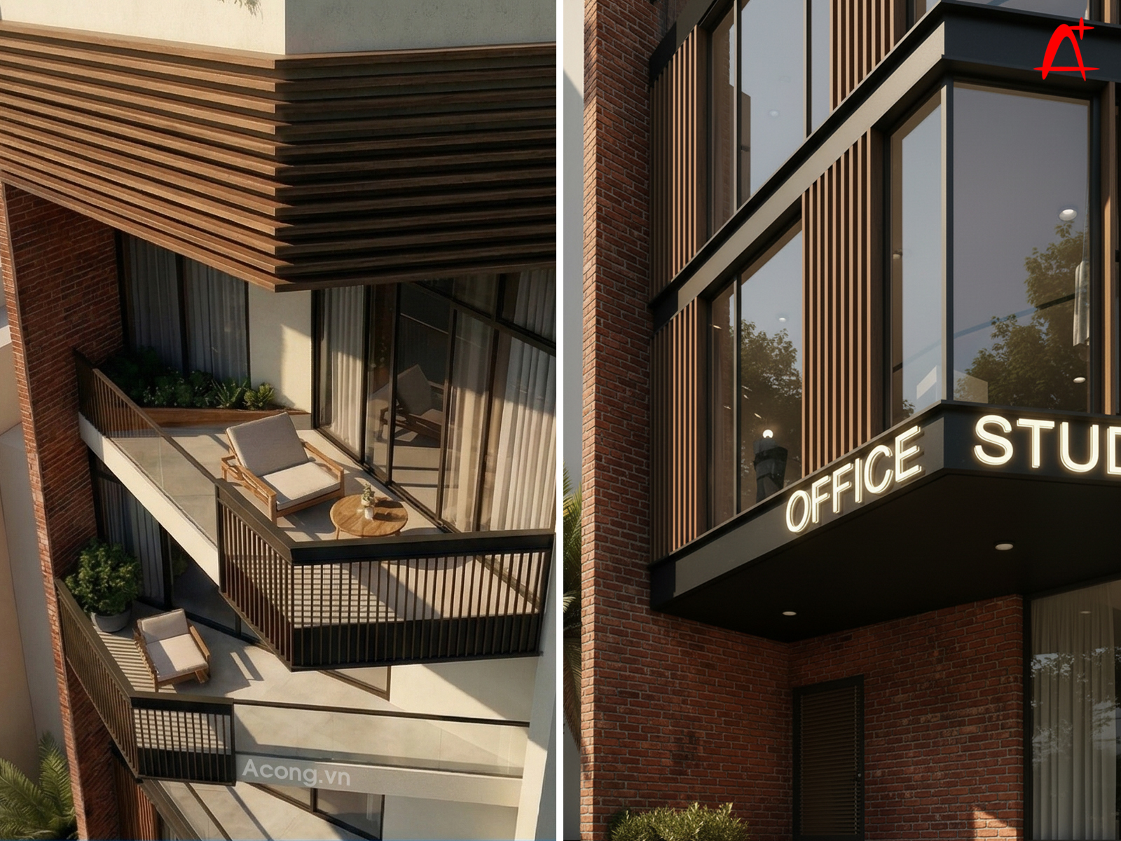 Chi tiết ban công và mặt đứng với kính, lam gỗ và cây xanh